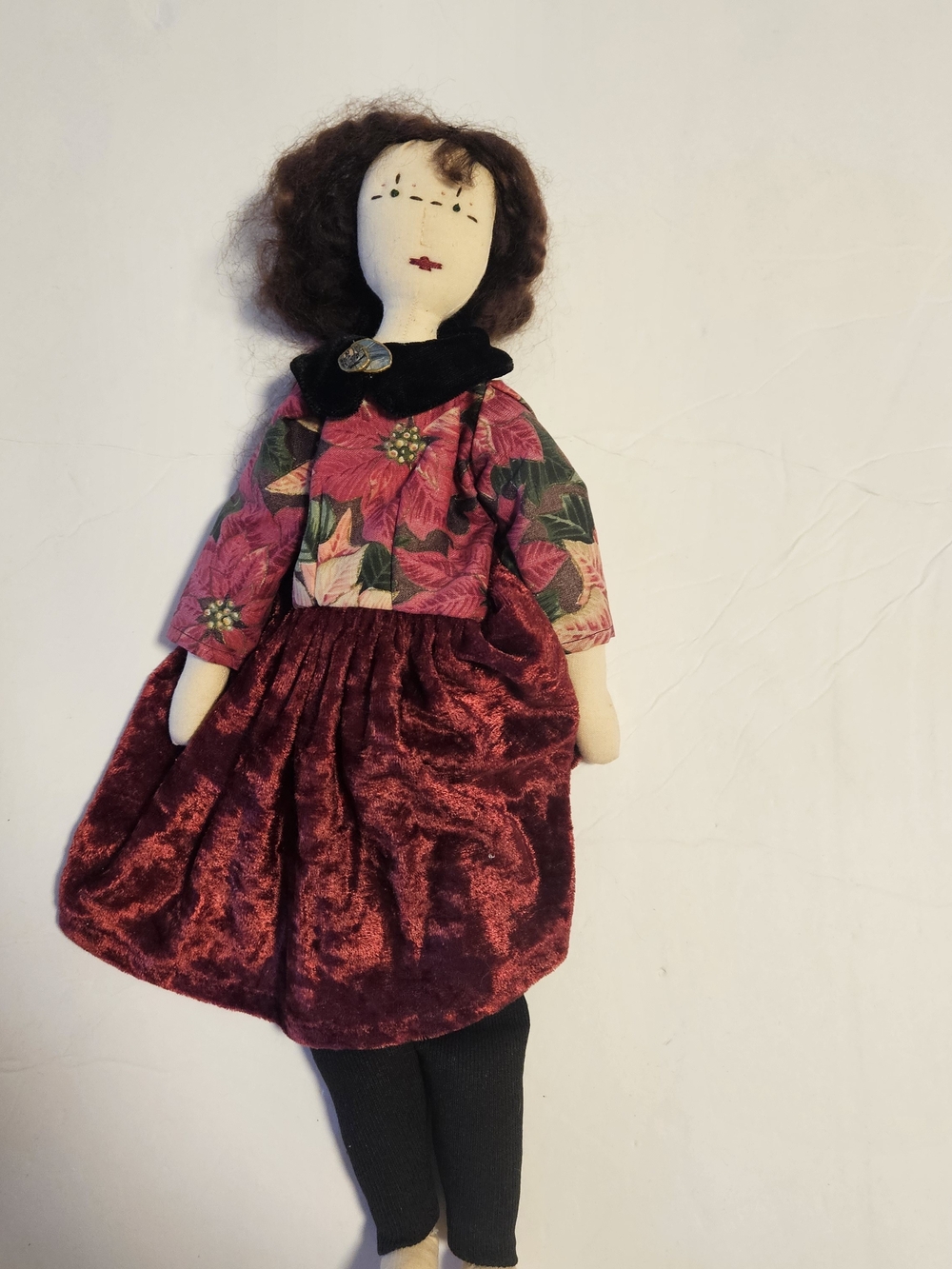 Vintage Handmade Floral Cloth Doll in Burgundy Dress